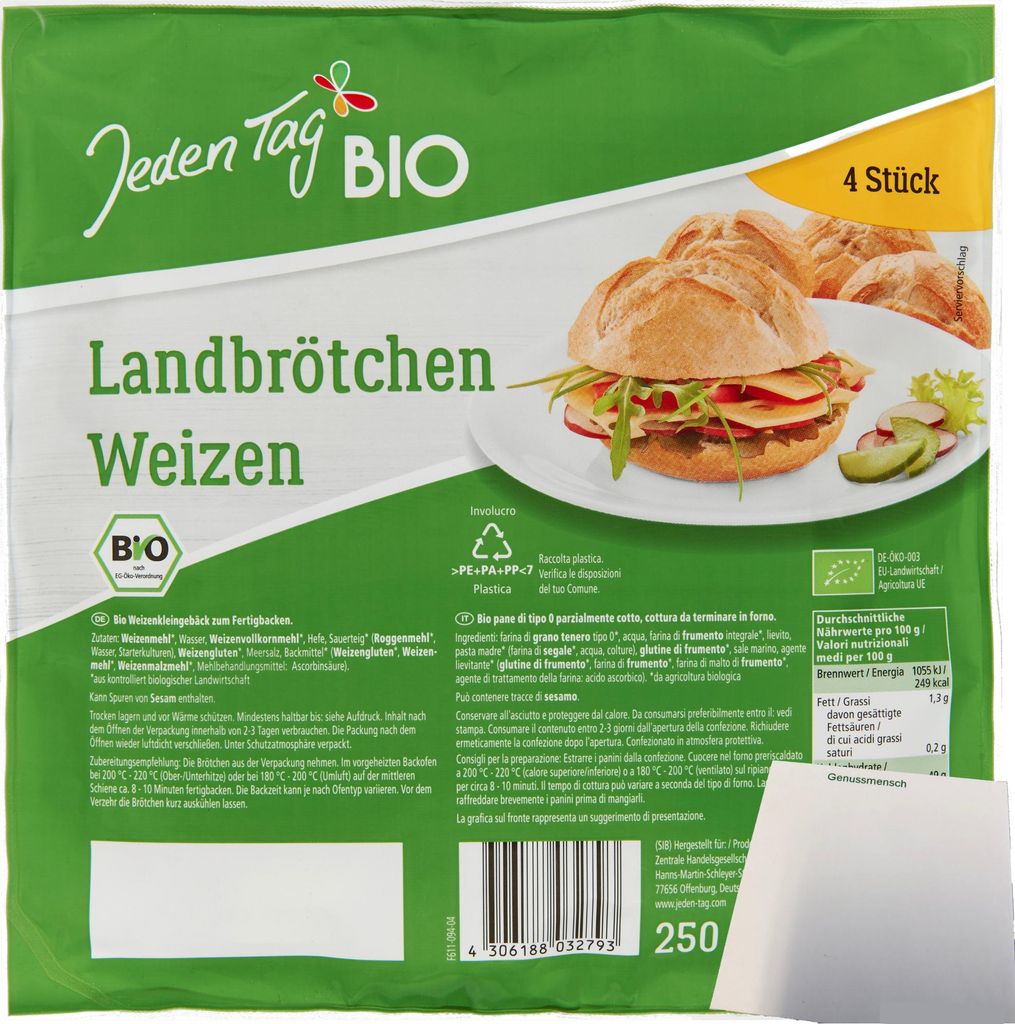 Jeden Tag Landbrötchen Weizen 4er (250g Packung) + usy Block