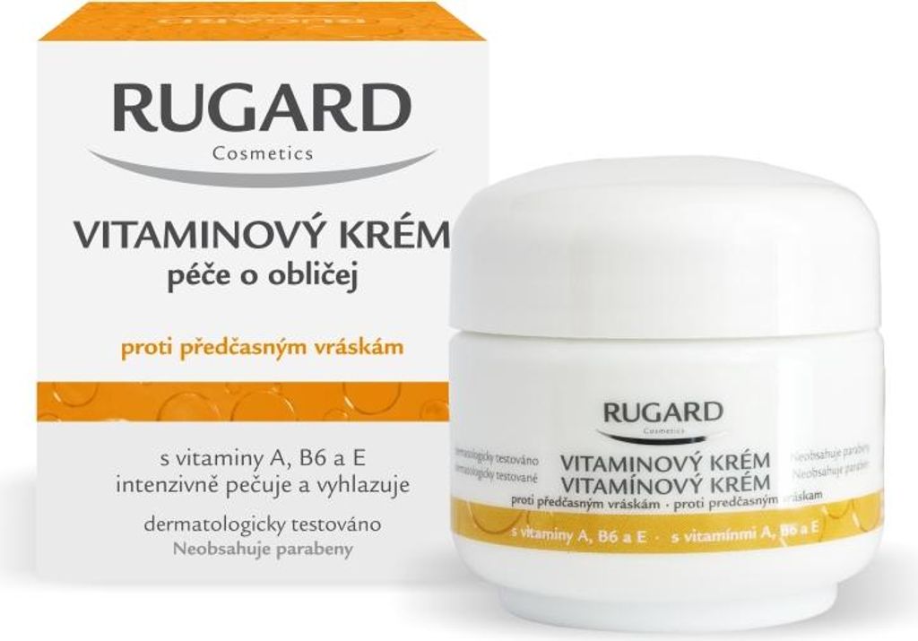 A product shot of a jar of RUGARD Cosmetics Vitamin Cream and its packaging.