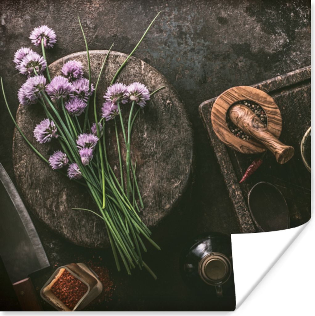 MuchoWow Poster Schnittlauch - Küche - Mörser - Rustikal - Kräuter - Lila 75x75 cm - Wand Dekoration