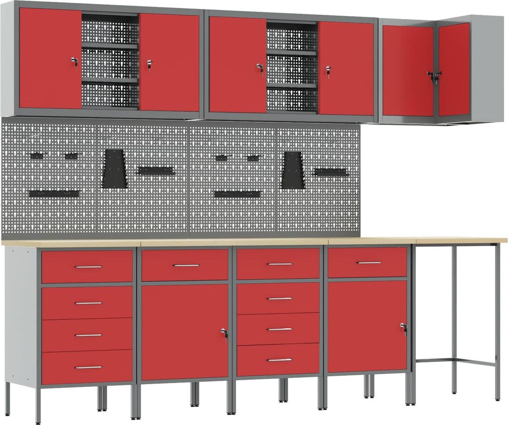 Arbeitsschrankset mit Schubladen mit Regal 12 pcs Rot und Grau