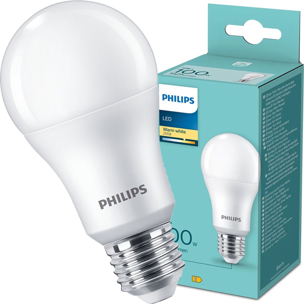 A Philips LED light bulb and its packaging are displayed.