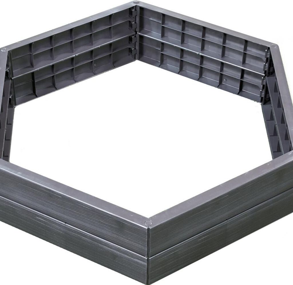 A hexagonal raised garden bed frame made of gray plastic.