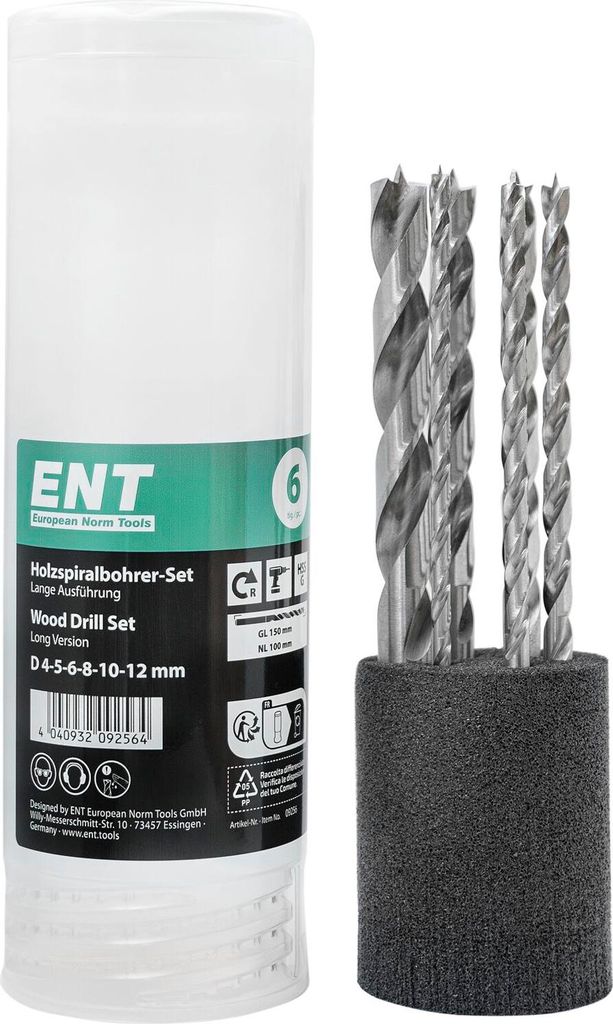ENT Holzspiralbohrer-Kassette HSS-G Bohrer ø 4-12 mm 6-teilig
