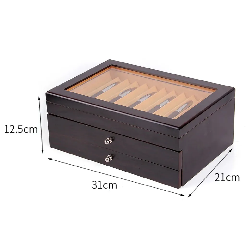 Boîte de présentation stylos en bois noir, 34 slots et couvercle vitré