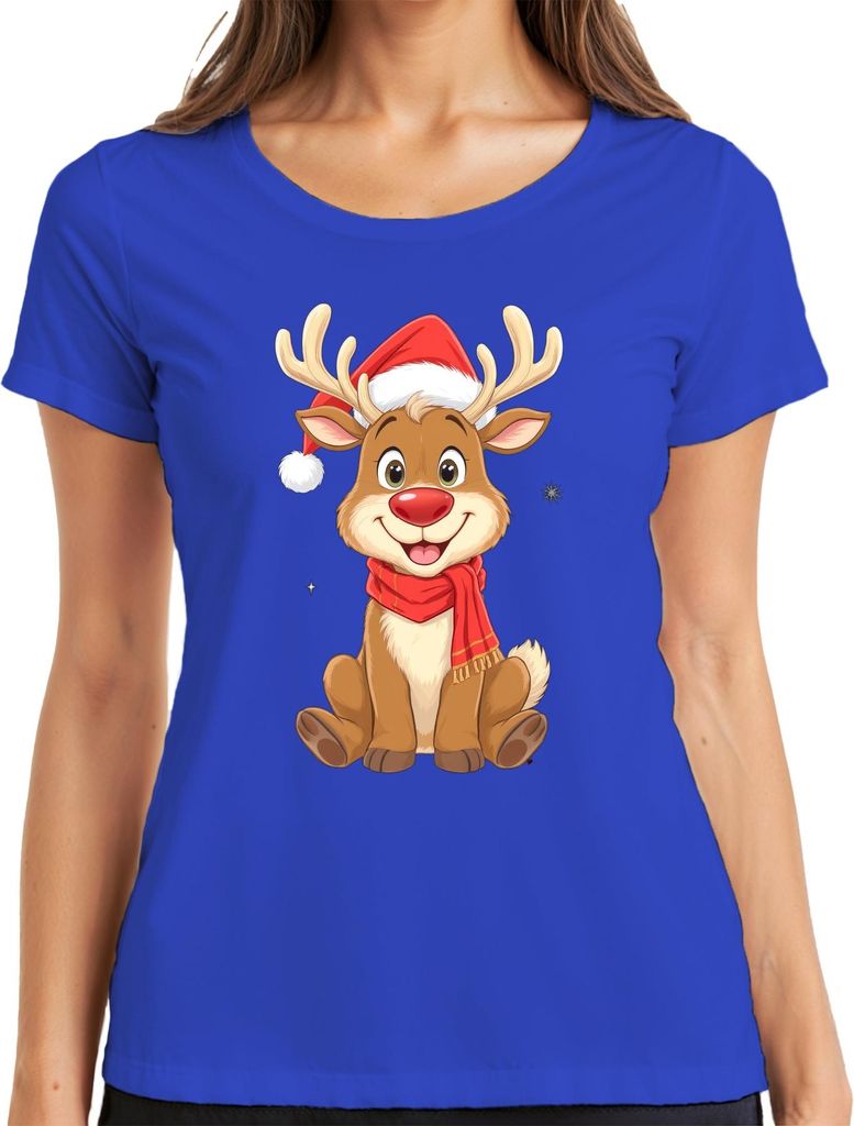 Weihnachtsrentier süß Kinder Cartoon Geschenk Winter Niedlich Damen T-Shirt, Blau, M