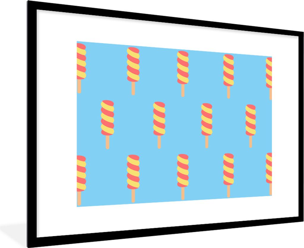 MuchoWow MuchoWow Gerahmtes Poster Eiscreme - Muster - Blau - Gelb 90x60 cm - Poster mit zchwarzem Bilderrahmen - Wanddekoration - Fotos