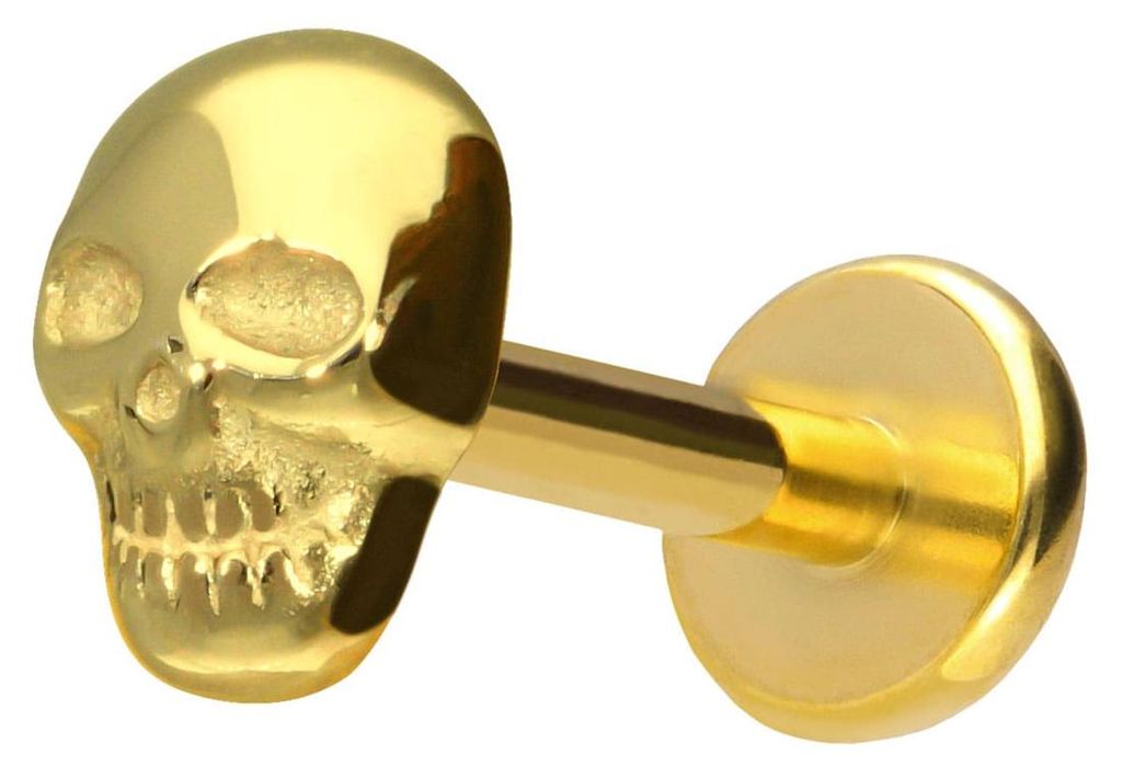 Ohrpiercing, Nasenpiercing Titan Labret mit Push Fit TOTENKOPF Gold Stablänge: 10mm | Stabstärke: 1,2mm