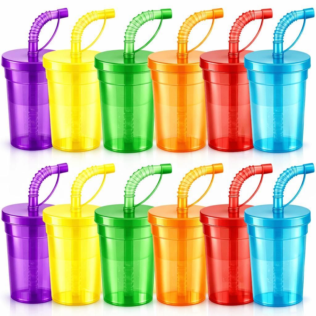 12 Kinderbecher Trinkbecher mit Deckel & Strohhalm Produktbild 