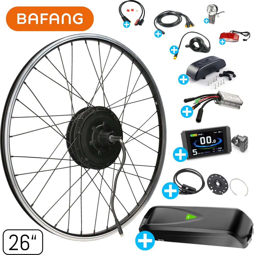 windmeile | Bafang E-Bike Hinterrad Umbausatz, Nabenmotor G040 mit Akku und komplettem Zubehör, Schwarz 26 Zoll Schraubkranz Umbau Kit Pedelec