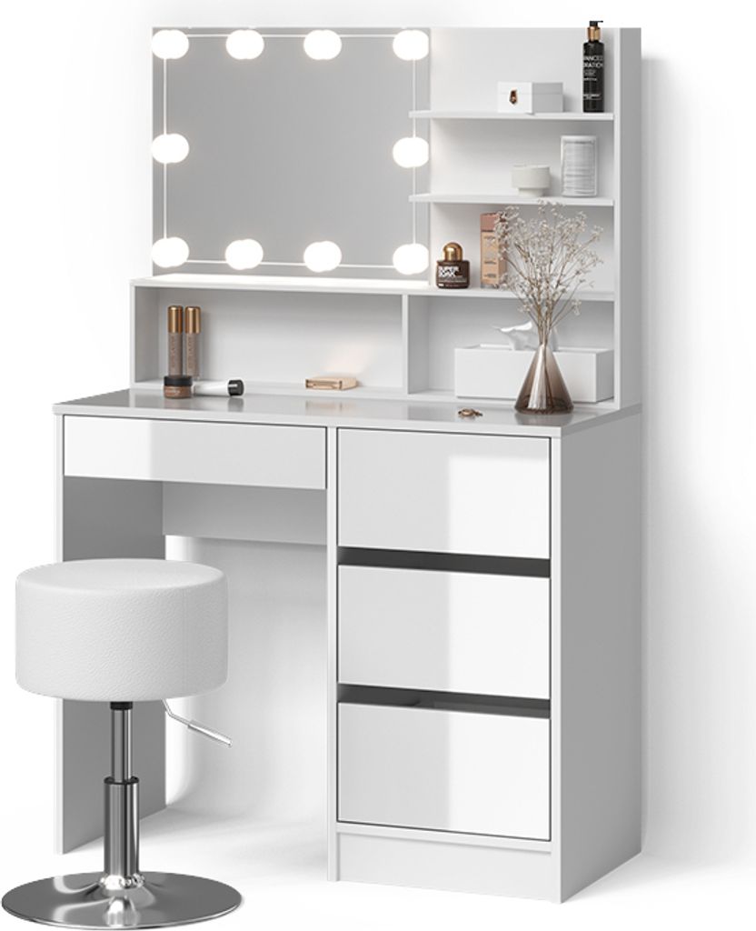 Schminktisch Livinity Imola Weiß mit LED Beleuchtung, Hocker und Spiegelregal, Model 52437
