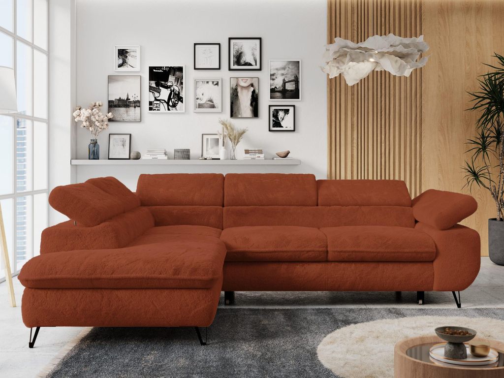 Ecksofa Sofa Orange, Wohnlandschaft L-Form mit Schlaffunktion und Bettkasten, Schlafsofa mit Bettkasten, Sofa mit Einstellbare Kopfstützen, Peter ...