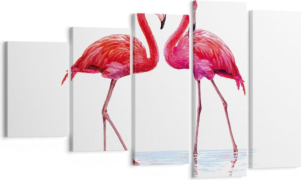 Bild auf Leinwand - Leinwandbild - 5 Teile - Flamingos Rosa Paar - 100x60cm - Wand Bild - Wanddeko - Wandbilder - Leinwanddruck - Bilder - Wanddeko...