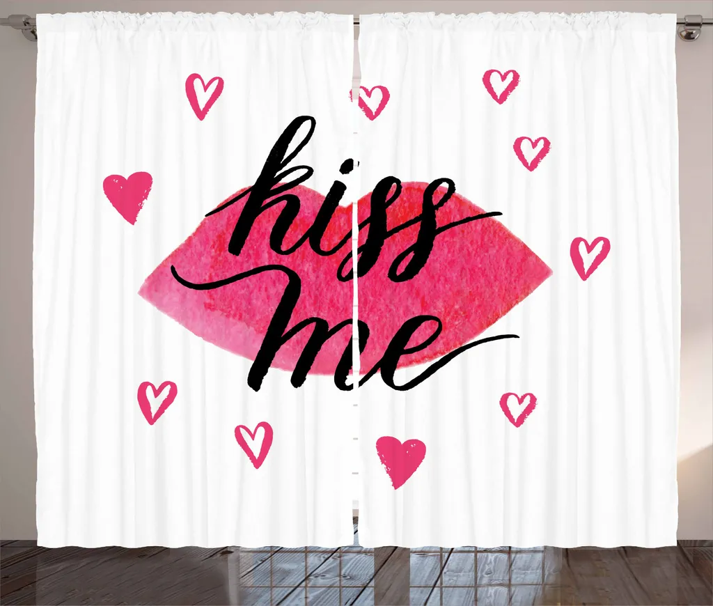 ABAKUHAUS Küss mich Tenda rustica, cuore sporco rossetto, camera da letto Tenda con passanti e ganci, 280 x 245 cm, nero bianco rosa