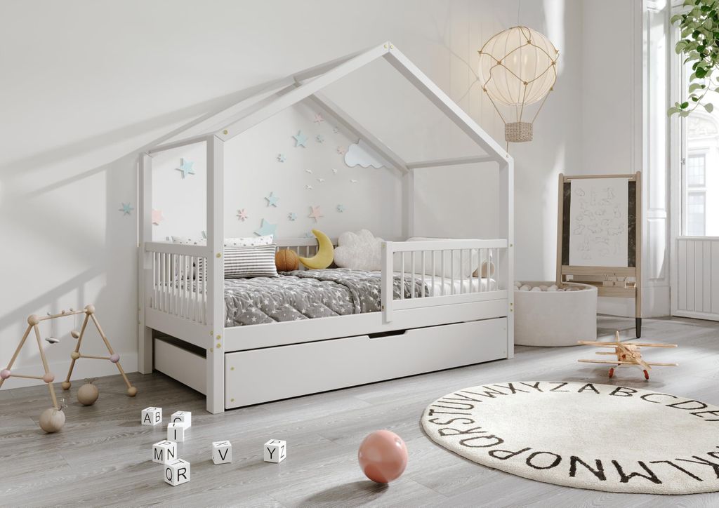 TIMBEE MURLO Box Hausbett Kinderbett Holz Bett mit Schublade - Grau - 80x160cm