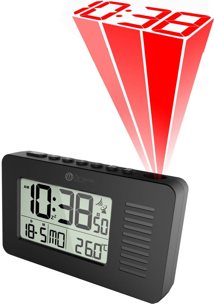 A black digital alarm clock with a projected red time display above it.