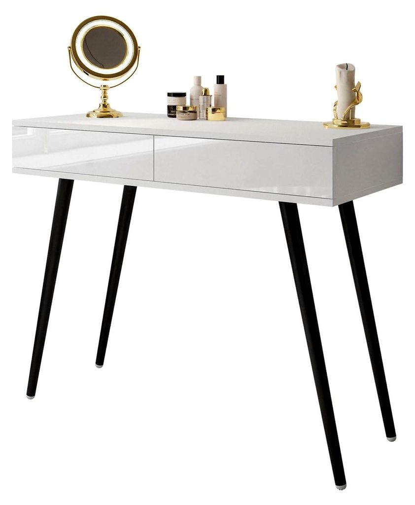 Konsole Sienna LOFT mit Schubladen – Konsole auf schwarzen Metallfüßen, wählbar: Push-Open oder Kristallgriffe (Weiß/Weiß Hochglanz)