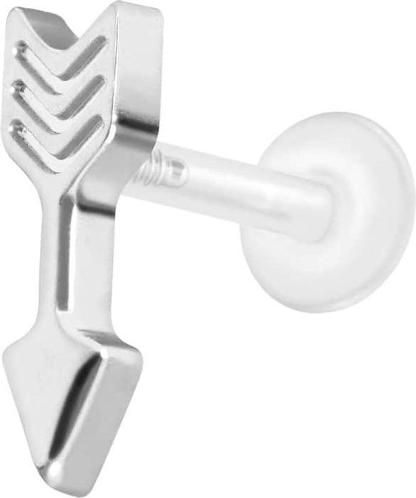 Ohrpiercing, Nasenpiercing PTFE Labret mit Innengewinde + Titan-Aufsatz PFEIL Silber Stablänge: 10mm | Stabstärke: 1,2mm