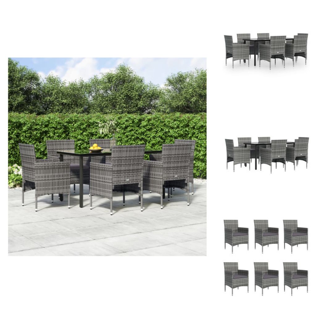 vidaXL 7-tlg. Garten-Essgruppe mit Kissen Grau und Schwarz - Gartenmöbel-Sets