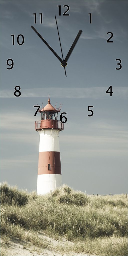 Wallario Design Wanduhr Leuchtturm auf der Düne am Strand aus Echtglas, Größe 30 x 60 cm