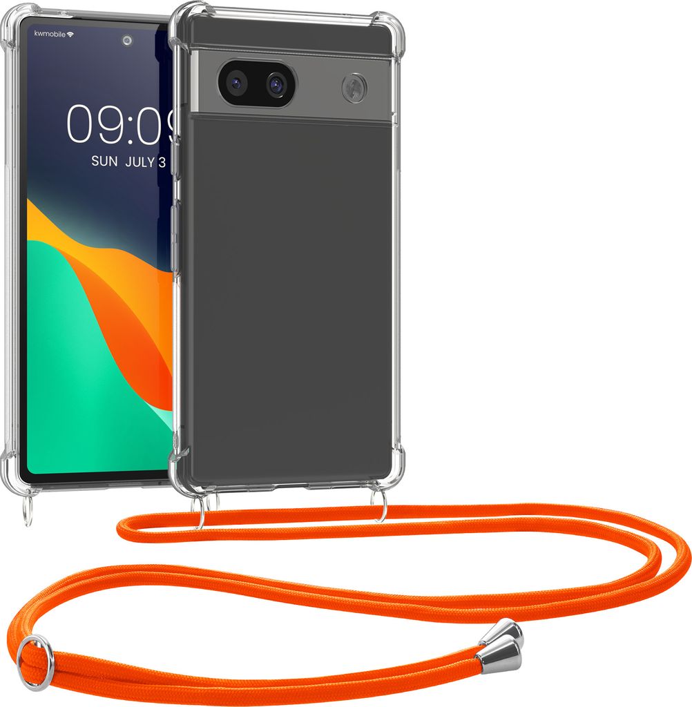 kwmobile Necklace Case kompatibel mit Google Pixel 8a Hülle - Silikon Cover mit Handykette - Band Handyhülle Transparent Neon Orange