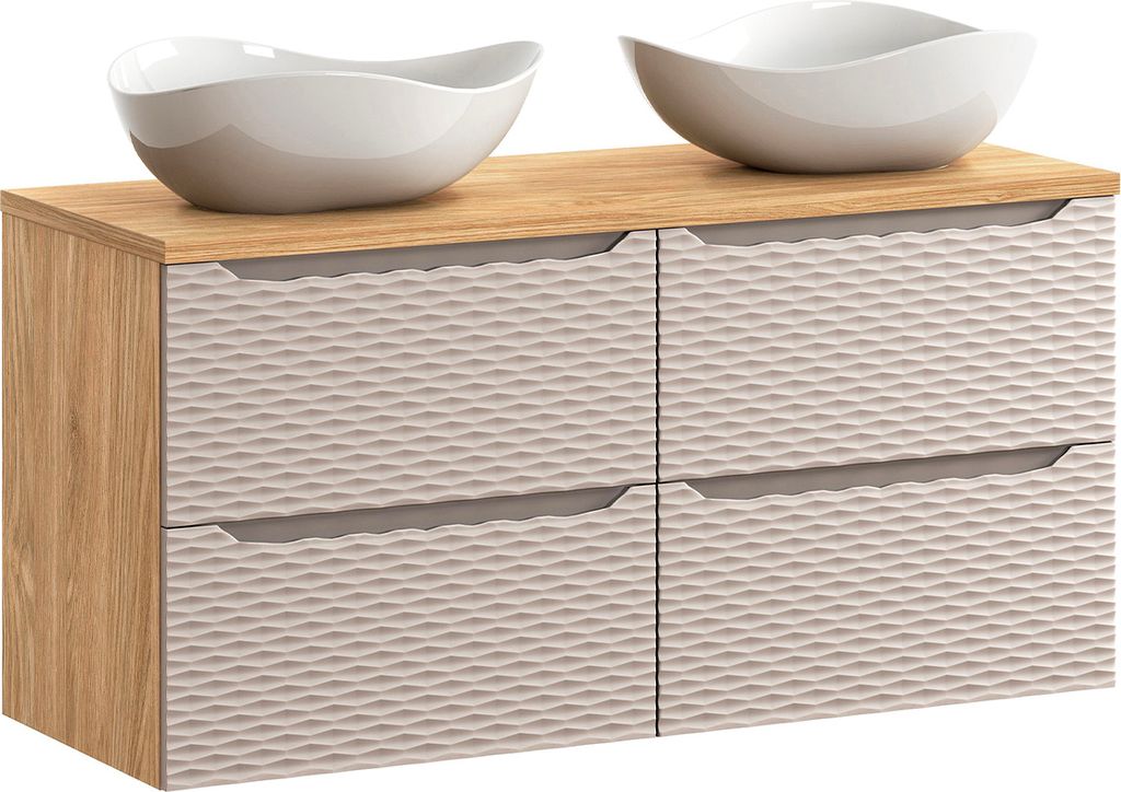 Doppelwaschtisch 120cm Elora mit 2 Schubladen, Beige und Holzoptik