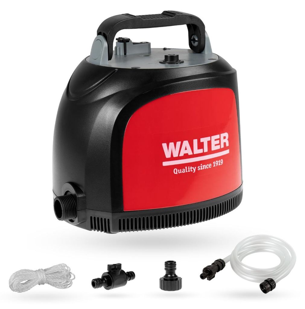 WALTER- Li-Ion Akku-Klarwasserpumpe 20V, Förderhöhe 12 m, Fördermenge 3500 l/h, mit eingebautem 4000 mAh-Akku, Betriebszeit ca. 30 min, 200 cm W...