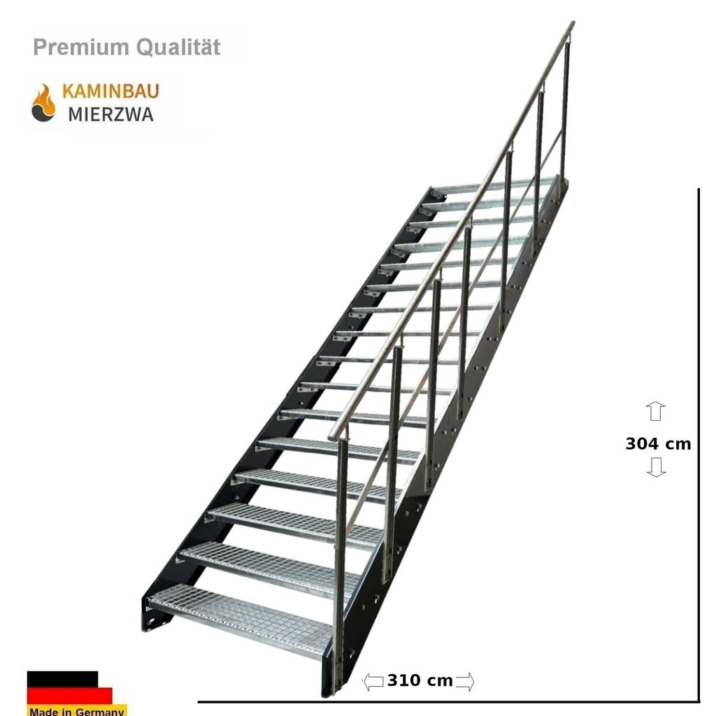 Wangen- Treppe Stahltreppe Gitterroststufen 16 Stufen mit Geländer Rechts Verzinkt und Wangen in Anthrazit RAL 7016 (B x H x T) 140 x 304 x 310 cm