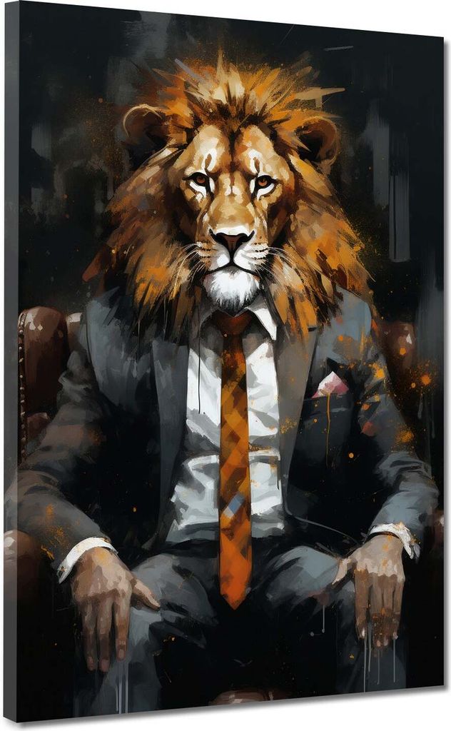 Löwe im Anzug Dark Mode Leinwandbild Wandbild Kunstdruck XL Wanddeko: 105x140x4cm