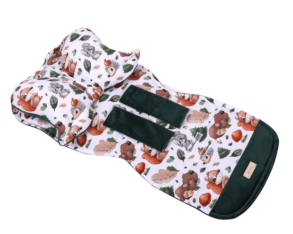Universal Waffelpiqué Kinderwagenauflage mit Kissen | Atmungsaktive Buggy Sitzeinlage Baumwolle | Sommer Kinderwagen-Matratze | Grün, Füchse