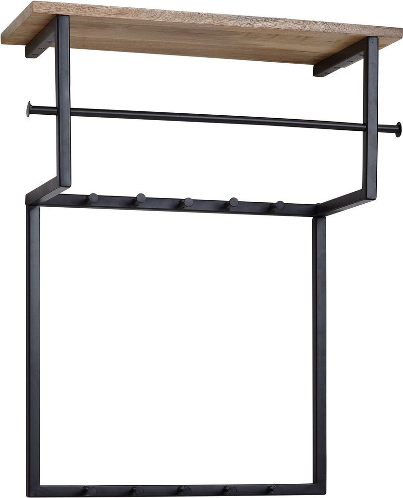Wandgarderobe aus Massivholz und Metall, 10 Haken, Kleiderstange, Ablage. 60x26x76 cm | Kadima Design
