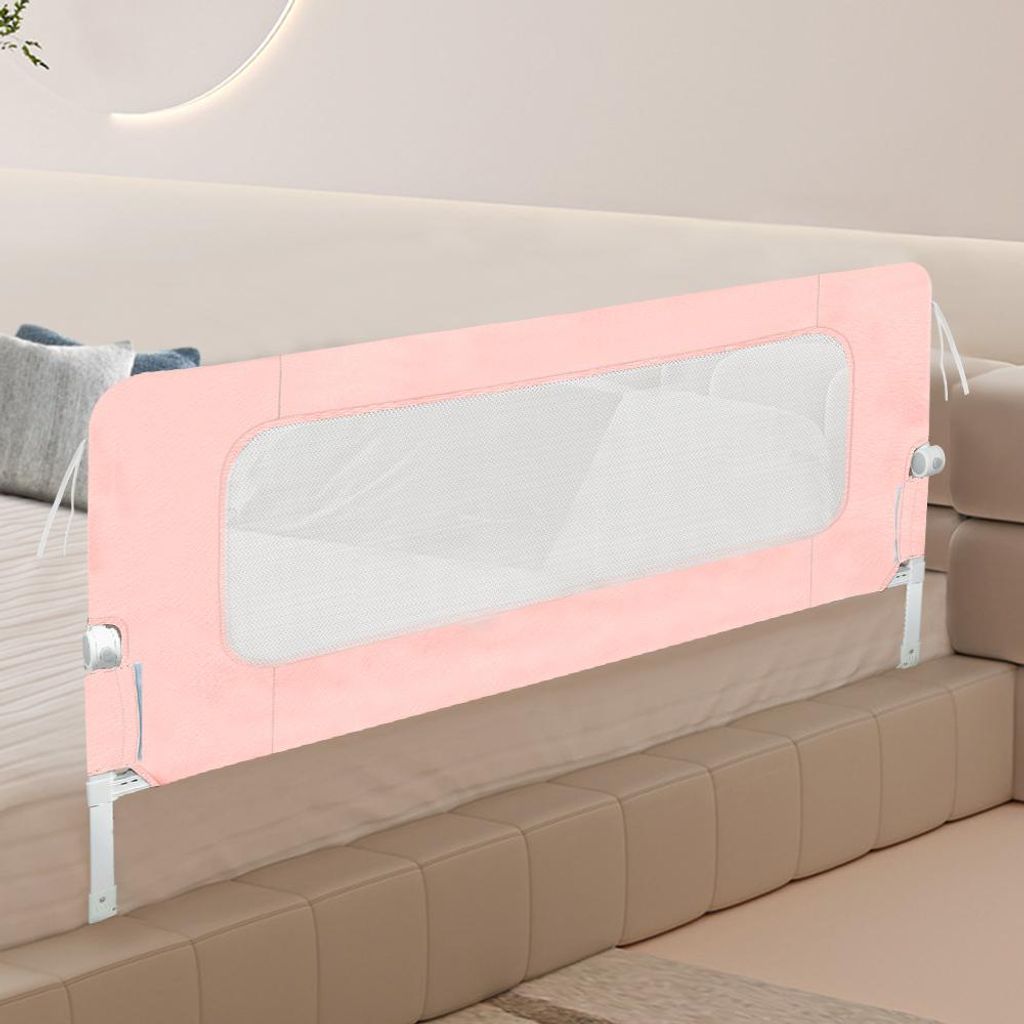 150cm Baby Bettgitter Höhenverstellbar Kein Stanzen erforderlich Rausfallschutz für Bett(Rosa)