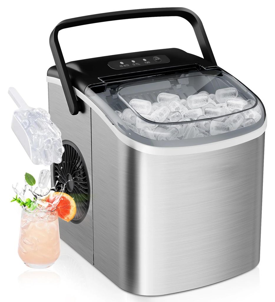 Eiswürfelmaschine - Tischgerät - 9 Würfel in 6 Min - 12 kg/24 h - Selbstreinigung - Tragbar - EU-Stecker - Silber