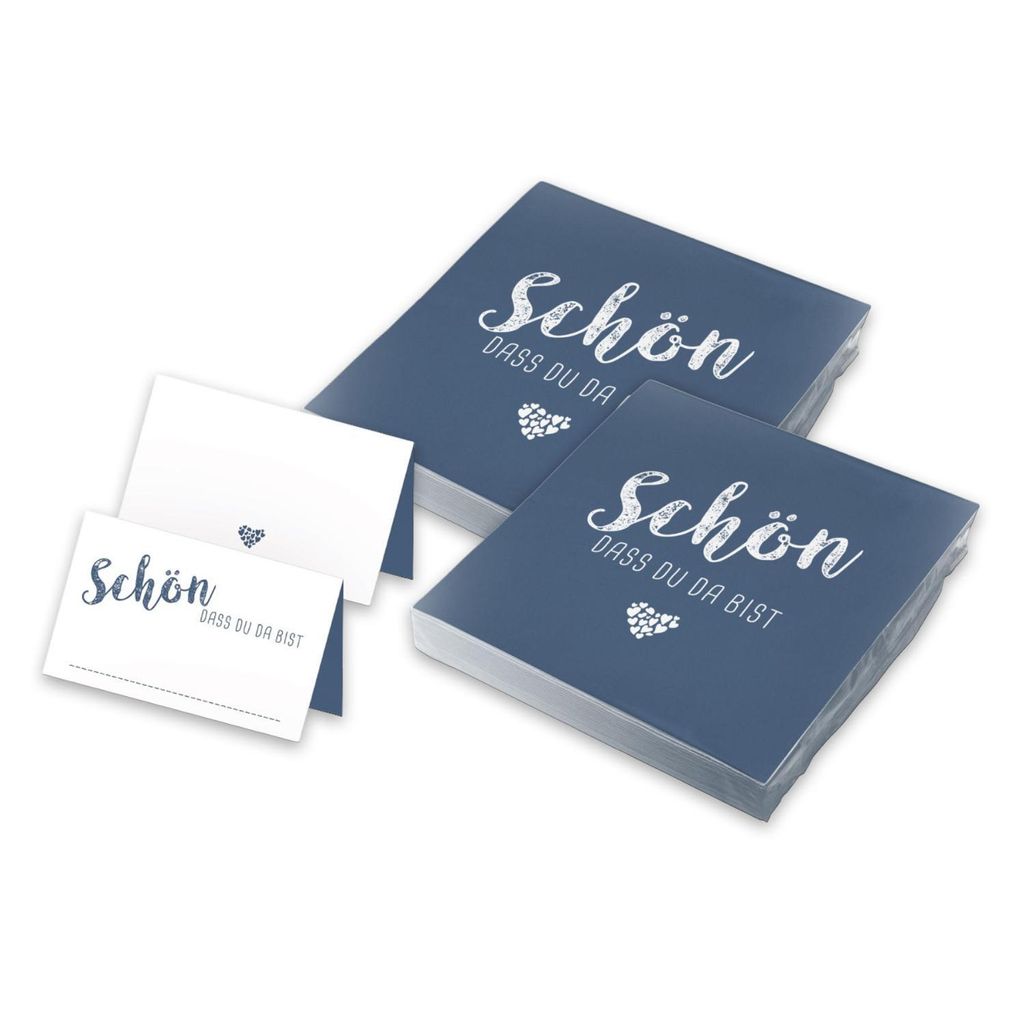 itenga 40x Servietten mit 48x Tischkarten Set - Schön dass du da bist - Dunkelblau