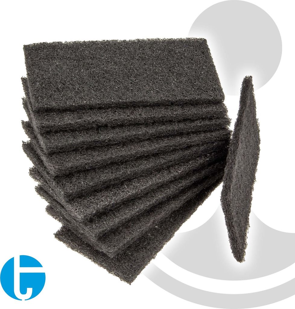 A stack of dark gray cleaning pads with one pad angled to the side, against a white and light gray background.