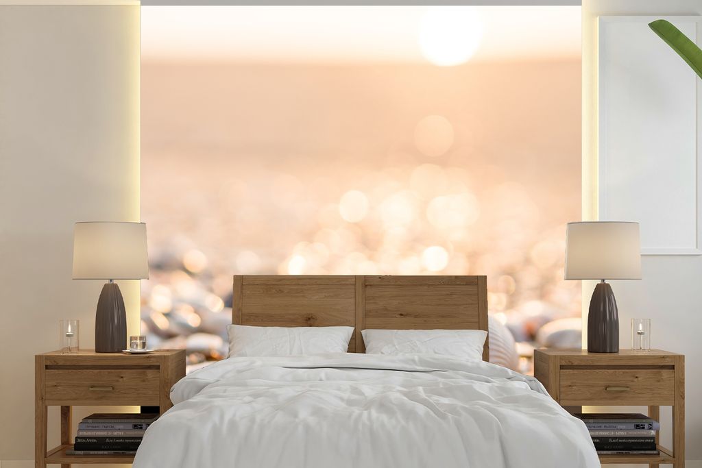MuchoWow Fototapete für Wohnzimmer oder Schlafzimmer Wandtapete Vinyl Motivtapete Muscheln - Weiß - Strand - Sommer - 220x220 cm - Tapeten