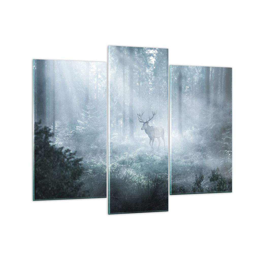 Bilder auf glas - 3 Teile - Hirsch Wald Morgendämmerung - 130x100cm - Glasbilder - Wandbilder - Bilder - Wanddekoration aus Glas - Glas Bilder - W...