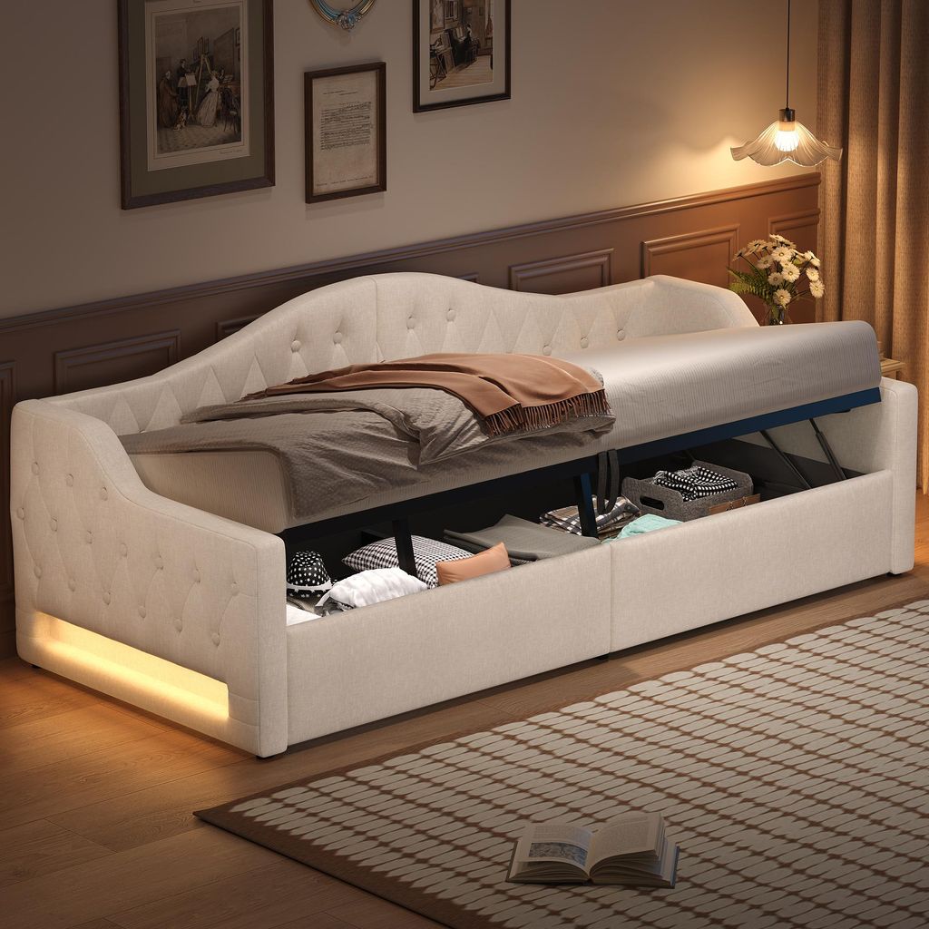 MODFU Schlafsofa 90x200 Tagesbett Gästbett ohne Matratze,mit 7 Farben einstellbare LED-Beleuchtung und Bettkasten darunter,Jugendbett mit Holzrahm...