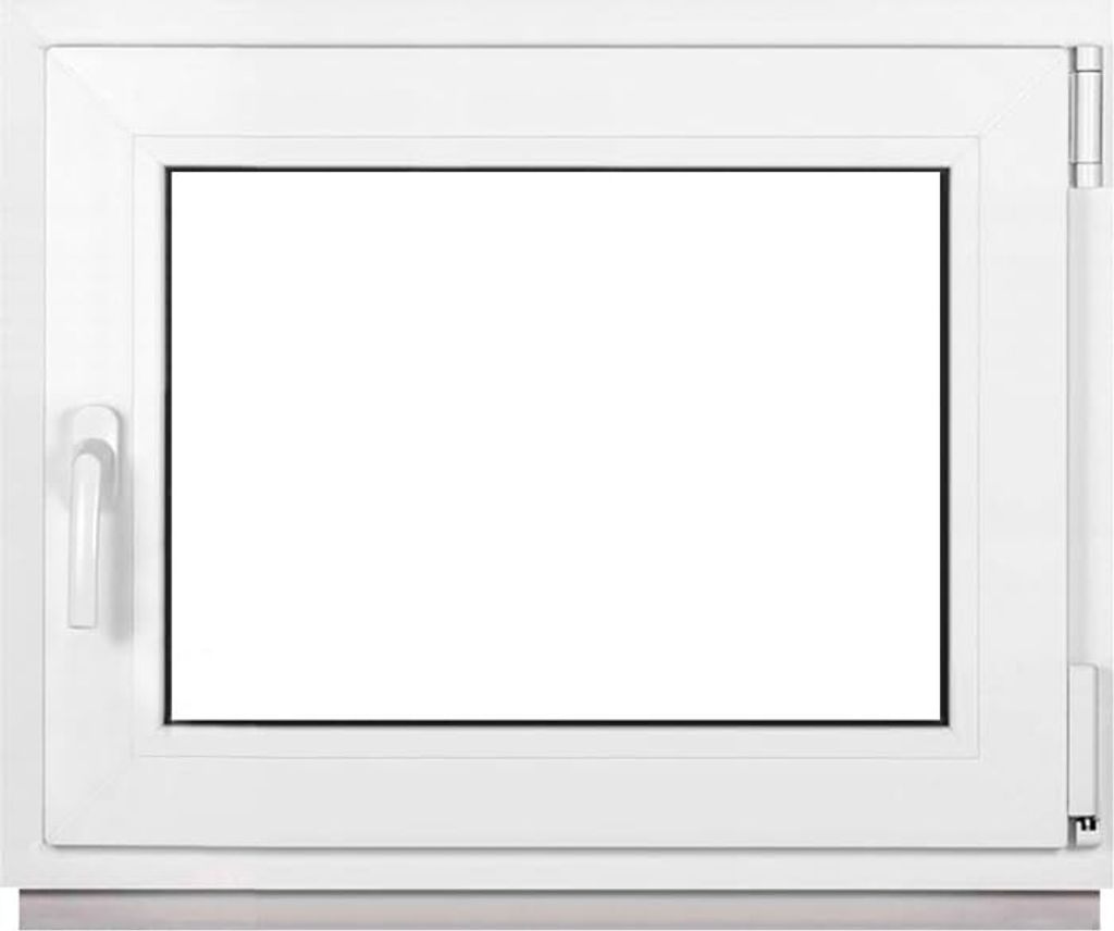A white plastic window frame with a clear glass pane, shown against a white background.