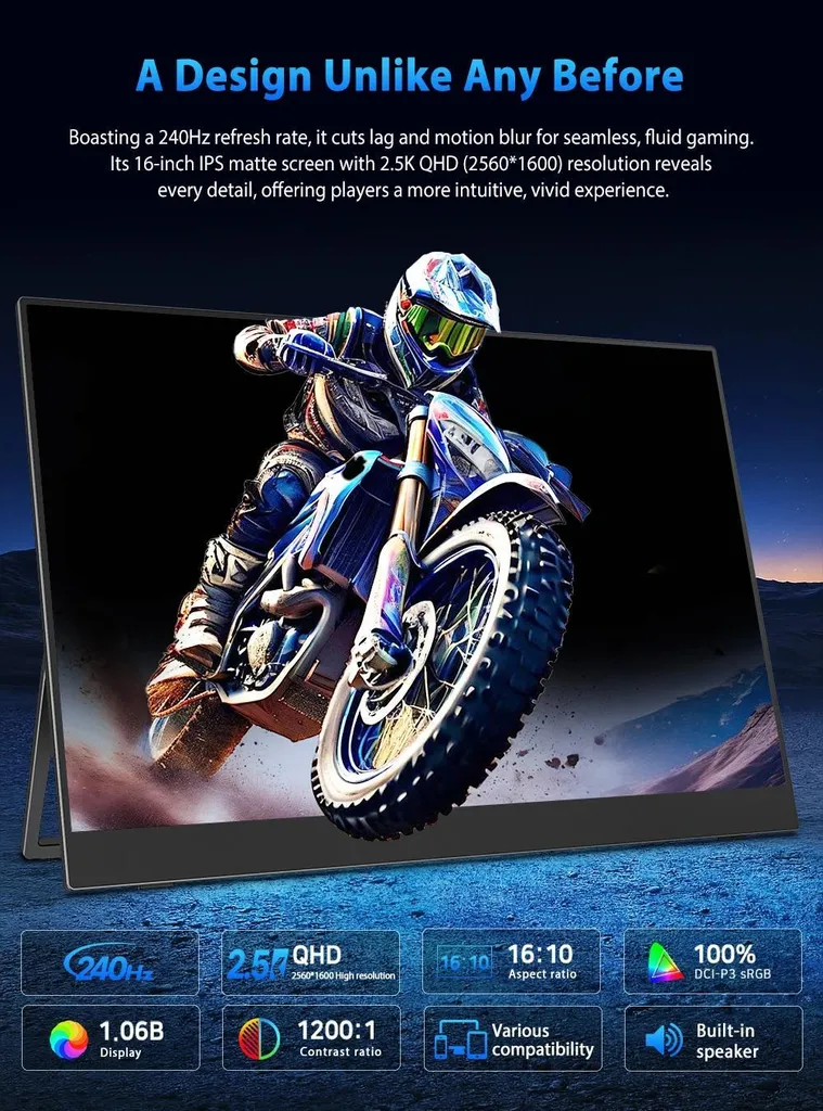 Écran portable 2.5K 240Hz IPS de 40,6 cm - Précision et fluidité 16:10 - 2