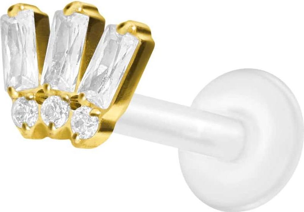Ohrpiercing, Nasenpiercing PTFE Labret mit Innengewinde + Titan-Aufsatz 6 EINGEFASSTE KRISTALLE Gold Stablänge: 9mm | Stabstärke: 1,2mm