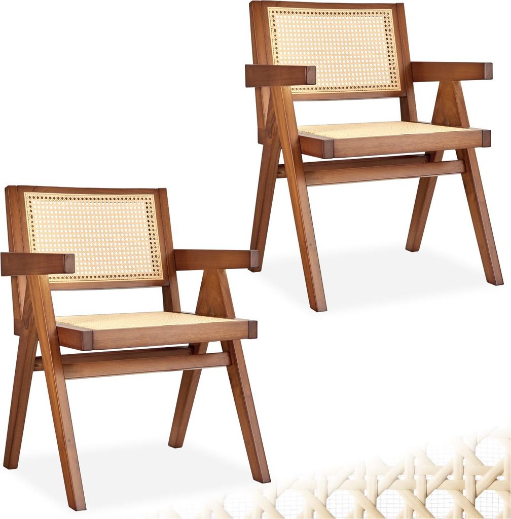 Two wooden chairs with woven seats and backs are shown against a white background.
