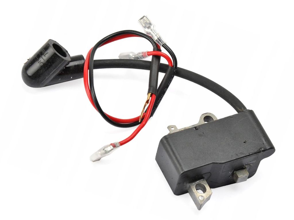 A black ignition coil with red and black wires and a black spark plug boot, isolated on a white background.