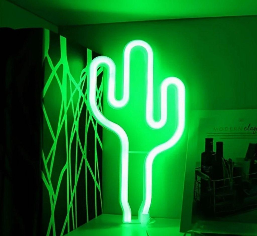 LED Kaktus Lampe - Neon Grün - Wandmontage - USB & Batterie - Stimmungslicht für Mancave, Bar oder Zimmer - Dekorative Tischlampe