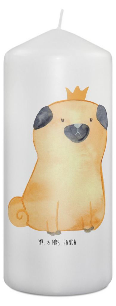 Mr. & Mrs. Panda Kerze Mops Krone 19 x 8 cm - Weiß - Geschenk, Wachskerze, Hund, Stumpenkerze, König, Königlich, Erinnerungskerze, Sprüche, All...
