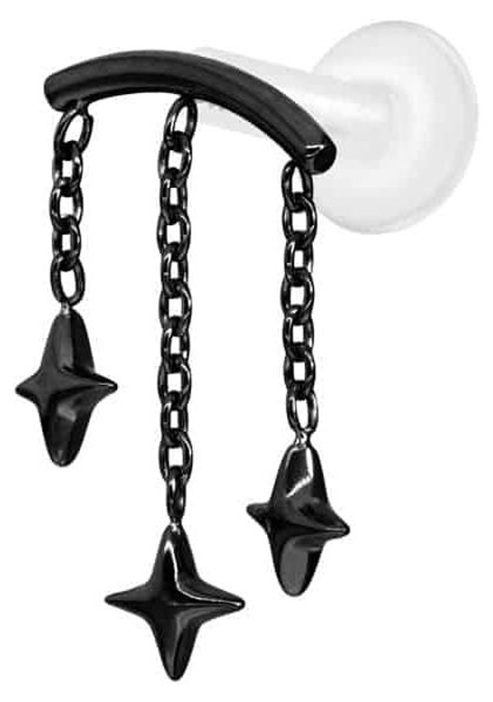 Ohrpiercing, Nasenpiercing PTFE Labret mit Innengewinde + Titan-Aufsatz BOGEN + 3 STERNE Schwarz Stablänge: 7mm | Stabstärke: 1,6mm