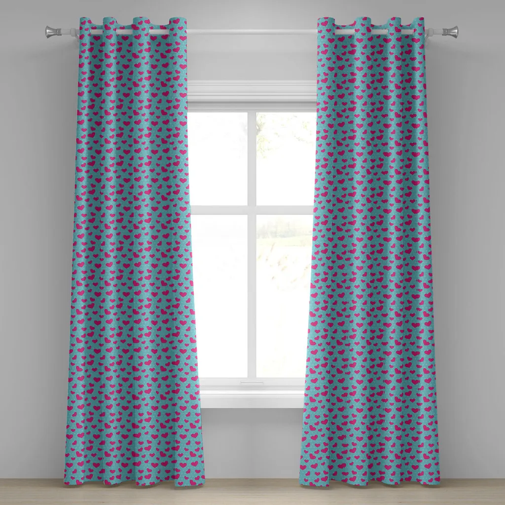 ABAKUHAUS Tenda con occhielli Pop Art, stile retrò anni '50 e '60, immagine con cuori e pois astratti, stampa artistica, tende decorative a 2 pannelli, 280 cm x 245 cm, rosa e turchese - 1