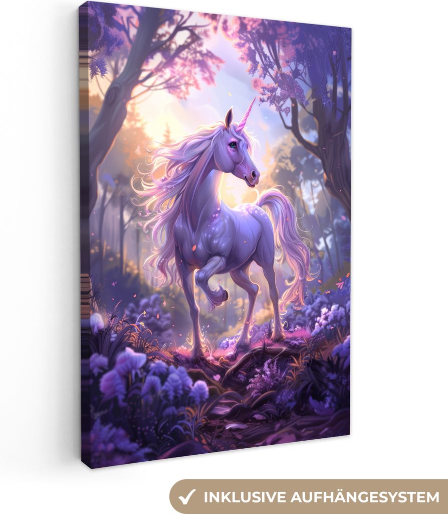 MuchoWow - Leinwandbilder - Einhorn - Lila - Märchen - Fantasietier, Wandbild, Wanddeko Bilder Wohnzimmer, 60x90 cm
