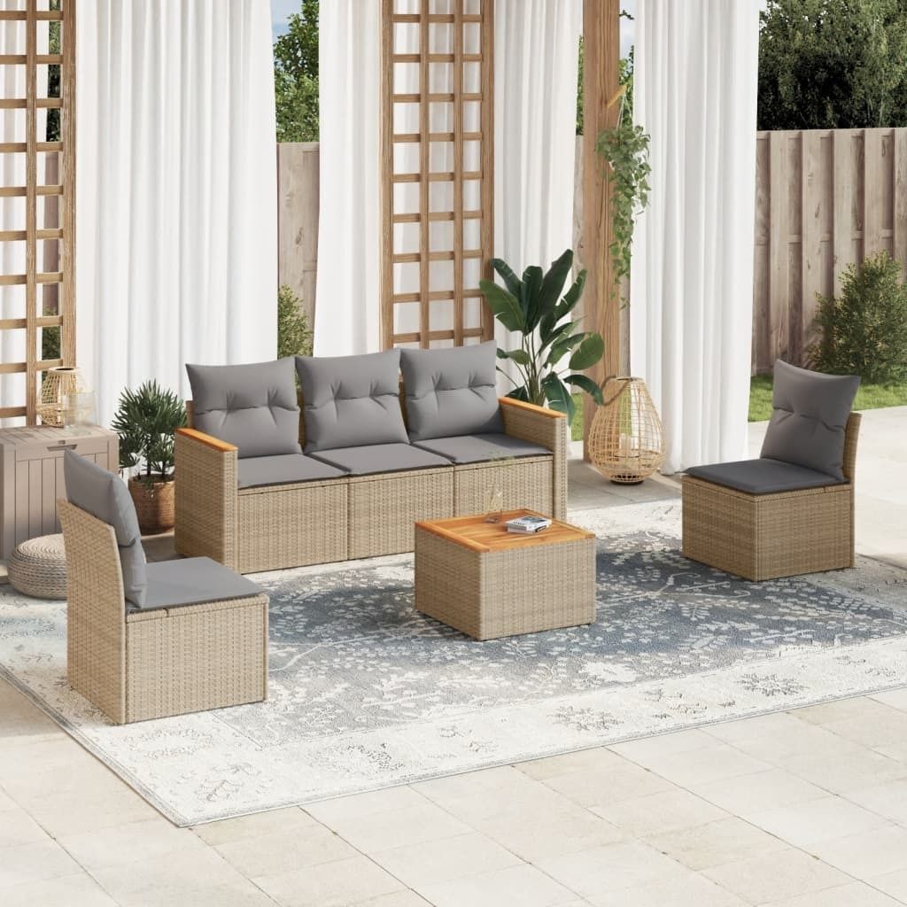 Möbel 6-tlg. Garten-Sofagarnitur mit Kissen Beige Poly Rattan 2024