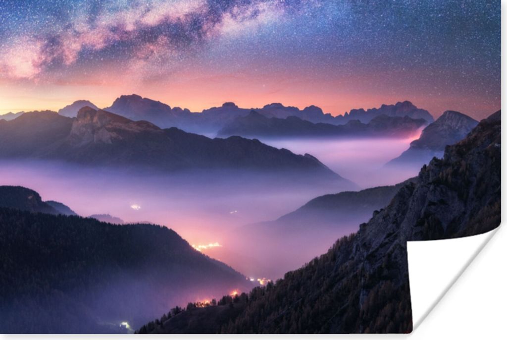 MuchoWow Poster Berge - Sternenhimmel - Nebel 180x120 cm - Fotoplakat
