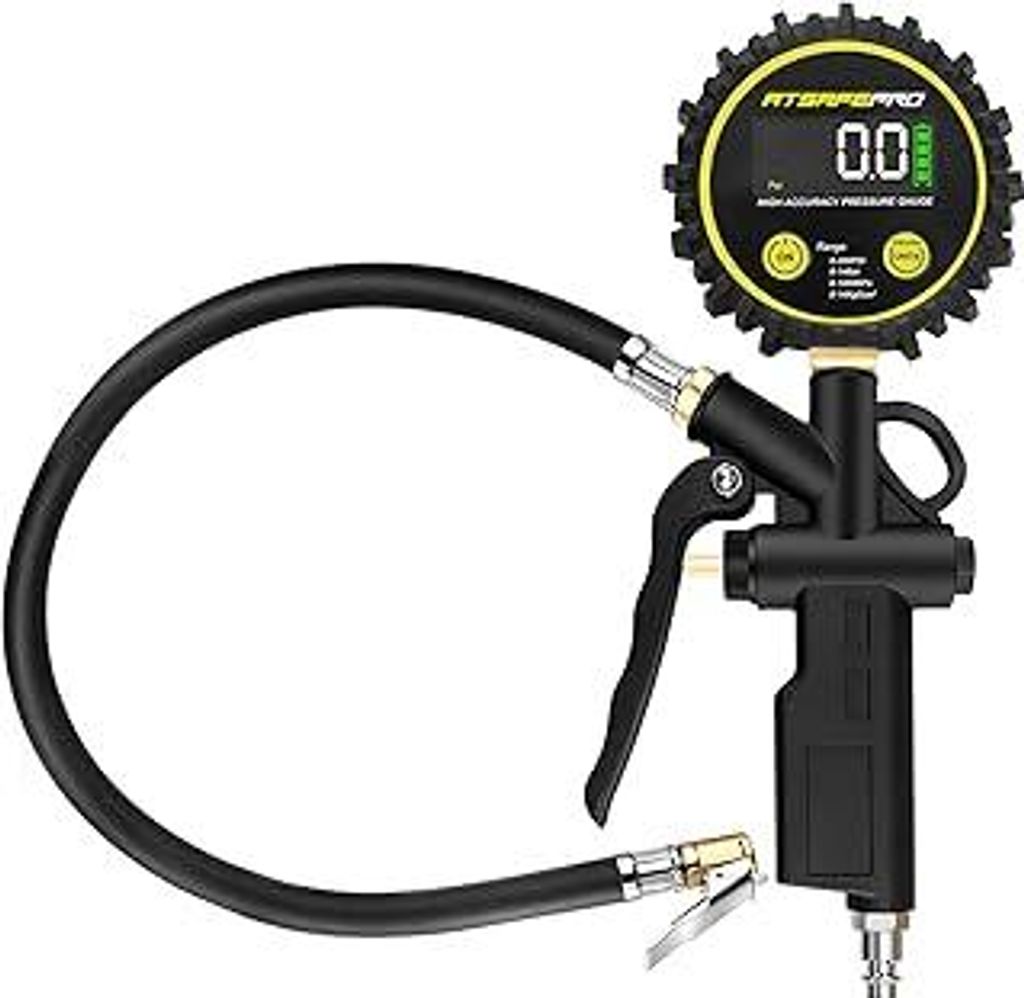 ATsafepro Digitaler Reifenfüller Manometer 14 Bar 200 PSI, 3-in-1 Reifendruckprüfer Kompressorzubehör 0.01 Bar Präzision 4 Einheiten,Digital Lu...